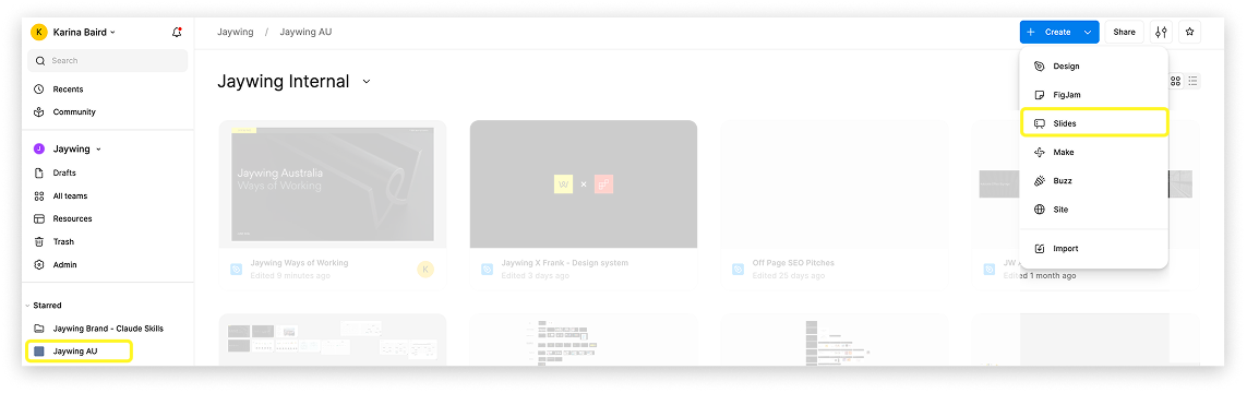 Figma team folder with Create Slide option